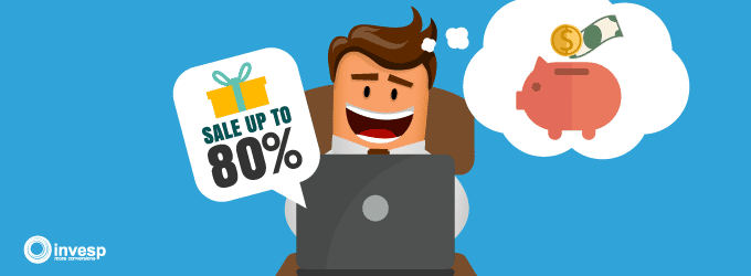 a cartoon image of an excited web visitor who has a huge discount offered and is thinking about how much he’s going to save