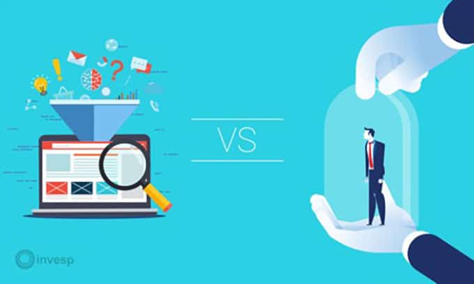 a cartoon image of a laptop screen and magnifying glass looking for conversion opportunities vs a customer trapped in a glass cup depicting retention.