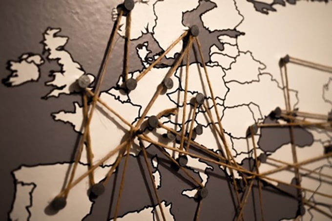 a map with pins and bands connecting several areas on the map depicting the customer journey map
