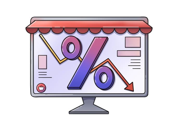 a cartoon image of a desktop screen with the discount symbol and an arrow pointing down, like a downtrend.
