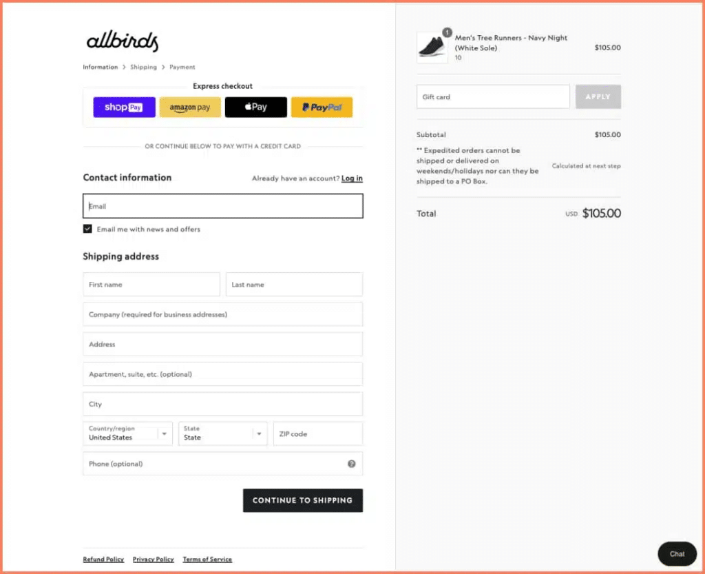 Allbird's checkout page example