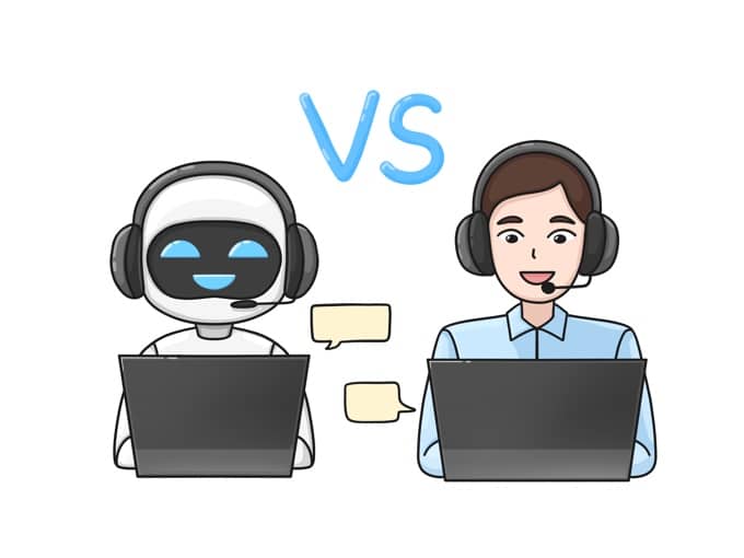 a comparison image of a human customer success specialist and a chatbot doing the same service