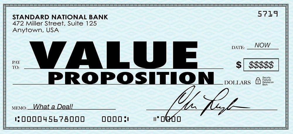 a cartoon image of a cheque with VALUE PROPOSITION written as the sum to be cashed out.