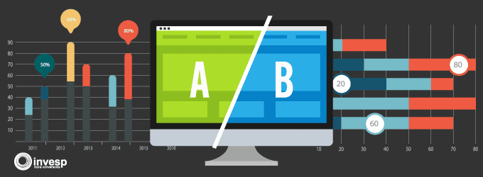 an image of a desktop screen with A and B split on the screen with statistics symbols as the background depicting A/B testing statistics made simple