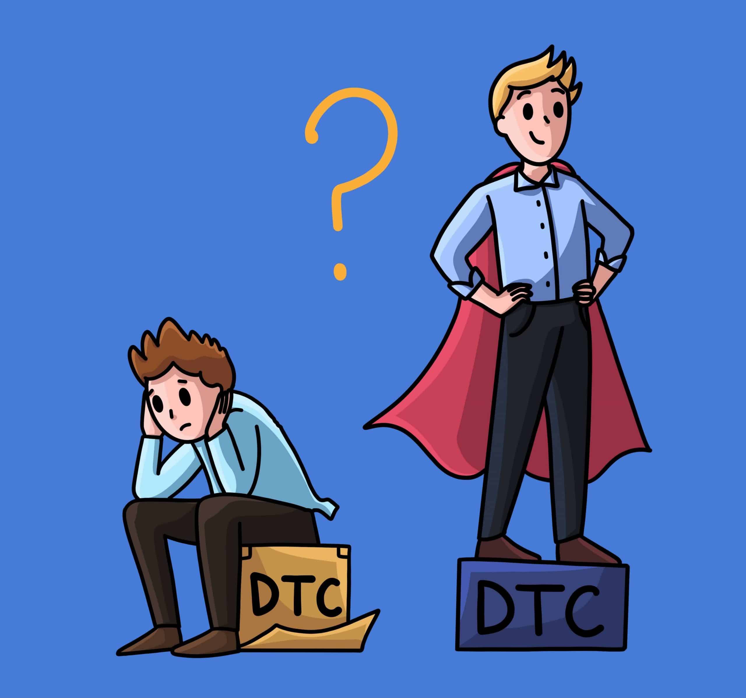 A cartoon image showing a victor standing on a DTC frame and a sore loser seating down defeated
