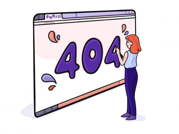 a cartoon image of a Figpii customer success specialist looking at a 404 error page and thinking of how to improve it.