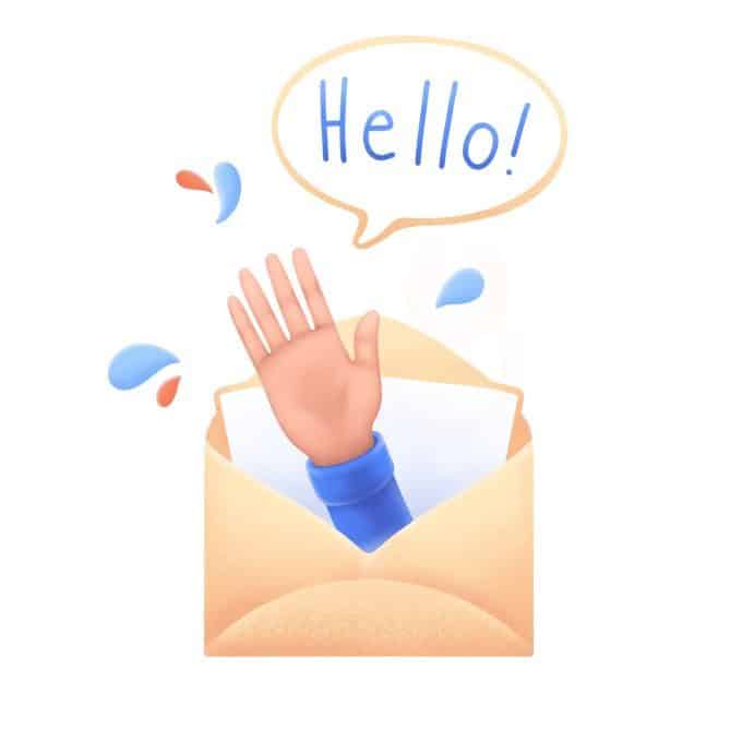hand greeting sign and the word hello popping out of a open email depicting the welcome series