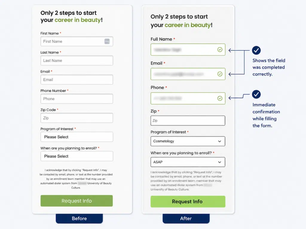 Before-and-after AB test form comparison