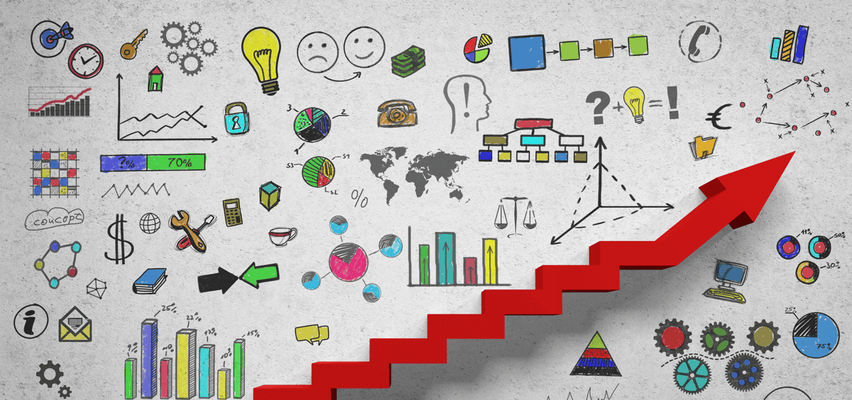 a blog image of a progression arrow with diagrams of bulbs, the human mind, signifying an increase in conversions.