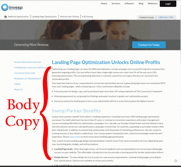 a screenshot of Invesp’s former homepage with highlights on the body copy and why it’s effective