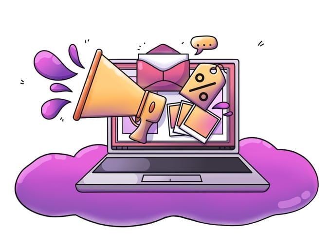 a cartoon image of a laptop screen with different images for discount, coupon off all in the same colors.
