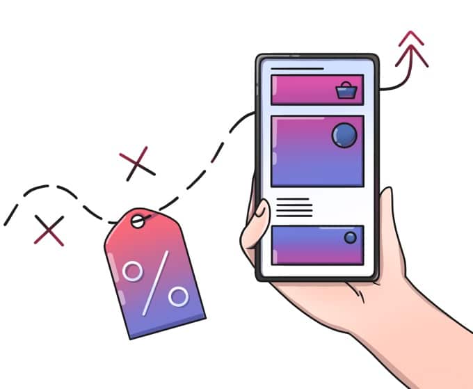 a cartoon image of a phone screen with a connected discount tag.