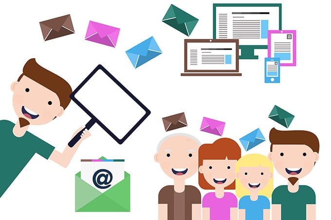 a cartoon image of different individuals with email signs atop their heads signifying email segmentation for better conversions