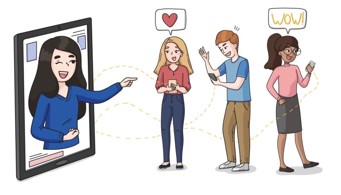 a cartoon picture showing different users of a product laughing and interacting with the product.