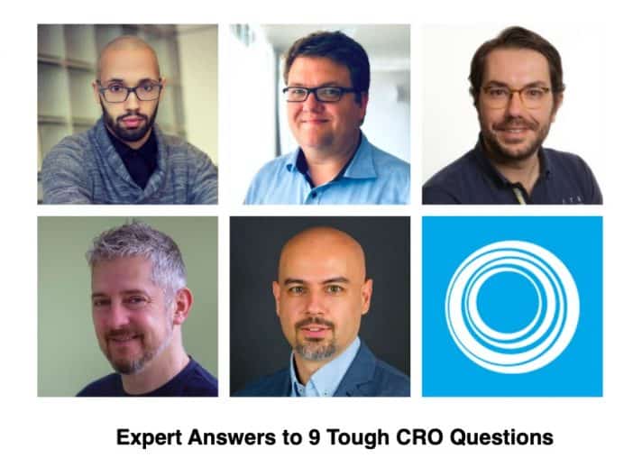 An image of five conversion optimisation experts and Invesp’s conversion rate optimisation logo.