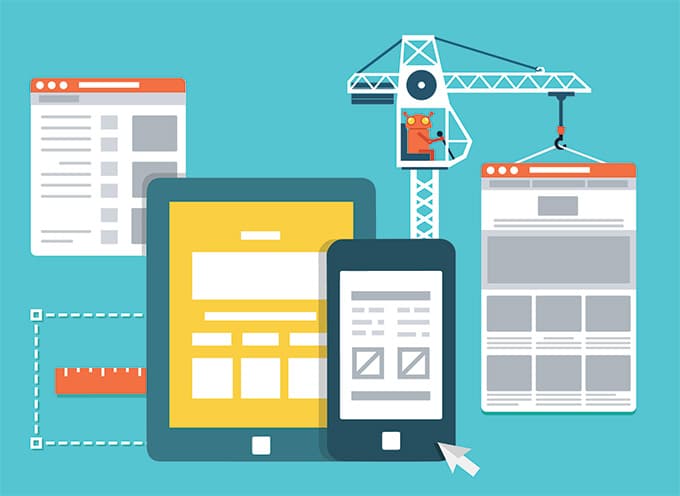 a cartoon image of a crane system and driver lifting different web pages for mobile and tab users to measure the user experience on both devices.