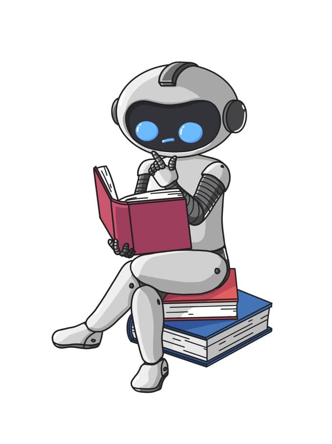 an image of a robot seating on two books and reading a third one, learning human behavior