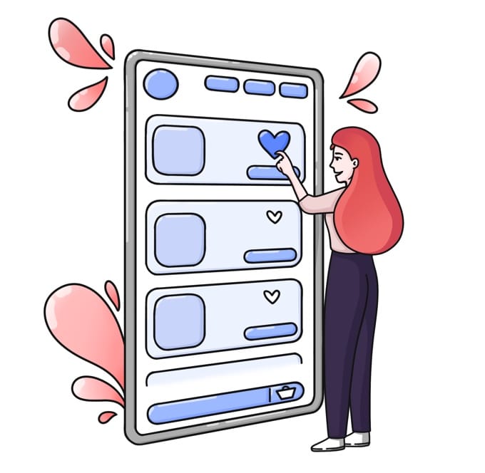 a cartoon image of a customer making buying decisions on a big cartoon phone screen
