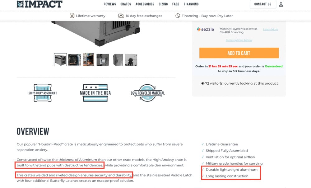 A screenshot of Impact dog crates product page with highlights on their unique value proposition to increase conversions