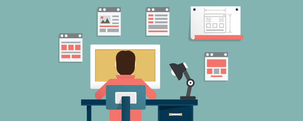a cartoon image of a conversion optimization expert sitting behind his desktop, working on a landing page.