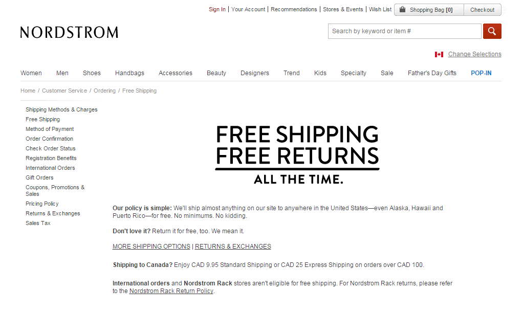 Nordstrom's free shipping free returns page