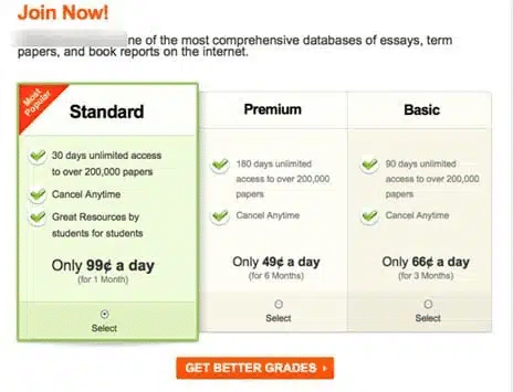 AB test variation of original pricing page