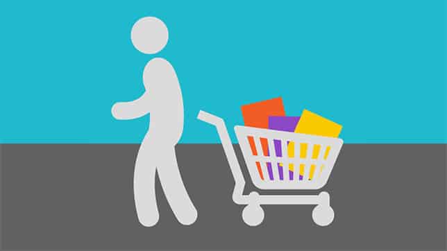 - a cartoon image of a customer abandoning their shopping cart after putting in items.